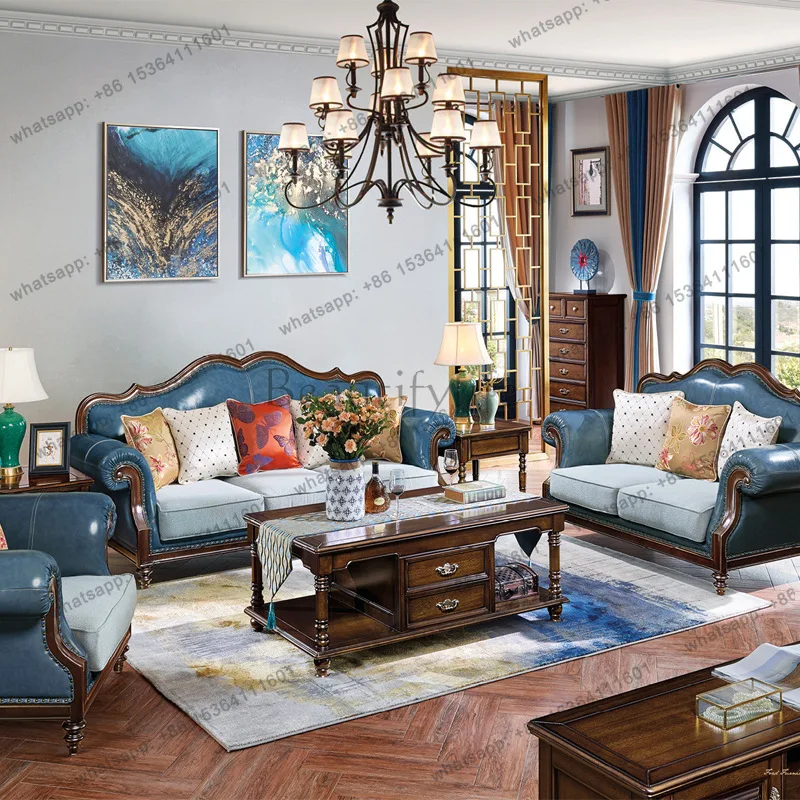 American rural solid wood sofa combination simple three-person leather cowhide retro