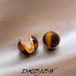 DREJEW Coffee Color Double-sided Round Resin Earrings for Women Advanced Buckle Vintage Melard Inlaid Rhinestone Stud Earring