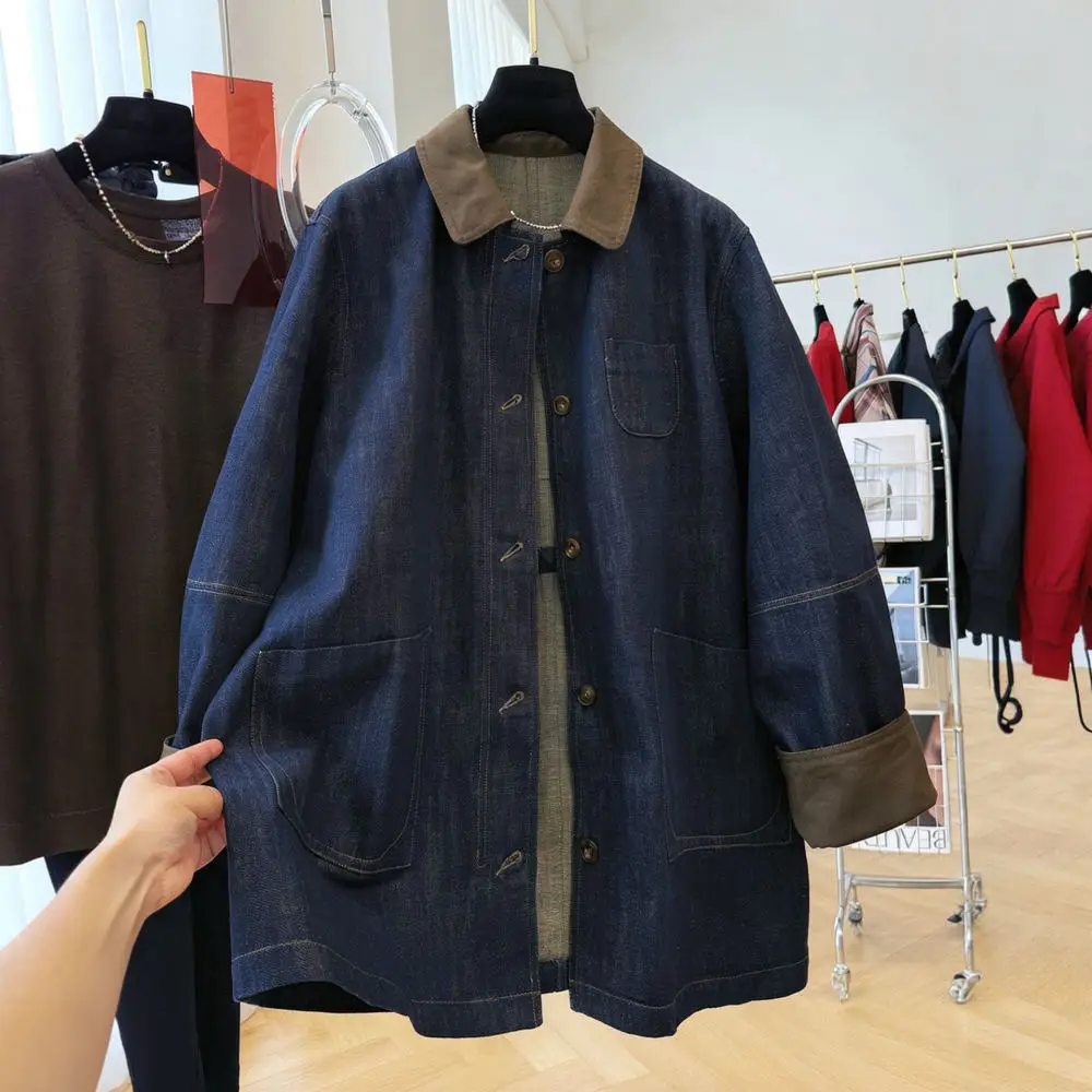 Women Denim Jacket Mid Length Loose Lapel Coat Autumn Casual Korean Fashion Long Sleeve Basic Streetwear Comfortable Outerwear