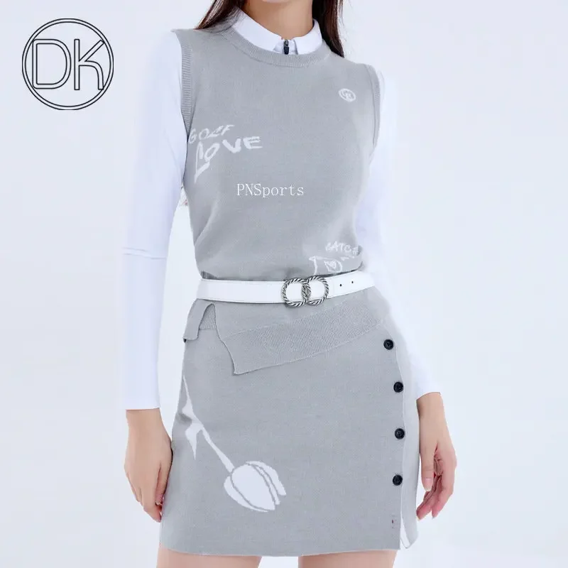 DK Golf Apparel Women\'s Autumn Winter Knitted Vest Round Neck Sweater Tops Ladies Slim Split Sports Skirt Warm Pencil Skort Suit