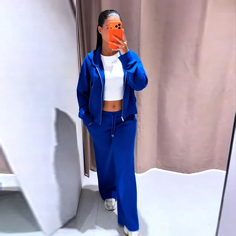Damen-Hosen-Sets mit Kapuze, Langarm-Reißverschluss, Oversize-Mäntel, Kordelzug-Taille, Schlaghosen, Frühling-Herbst, schicke neue Outfits für Damen – Detail 14