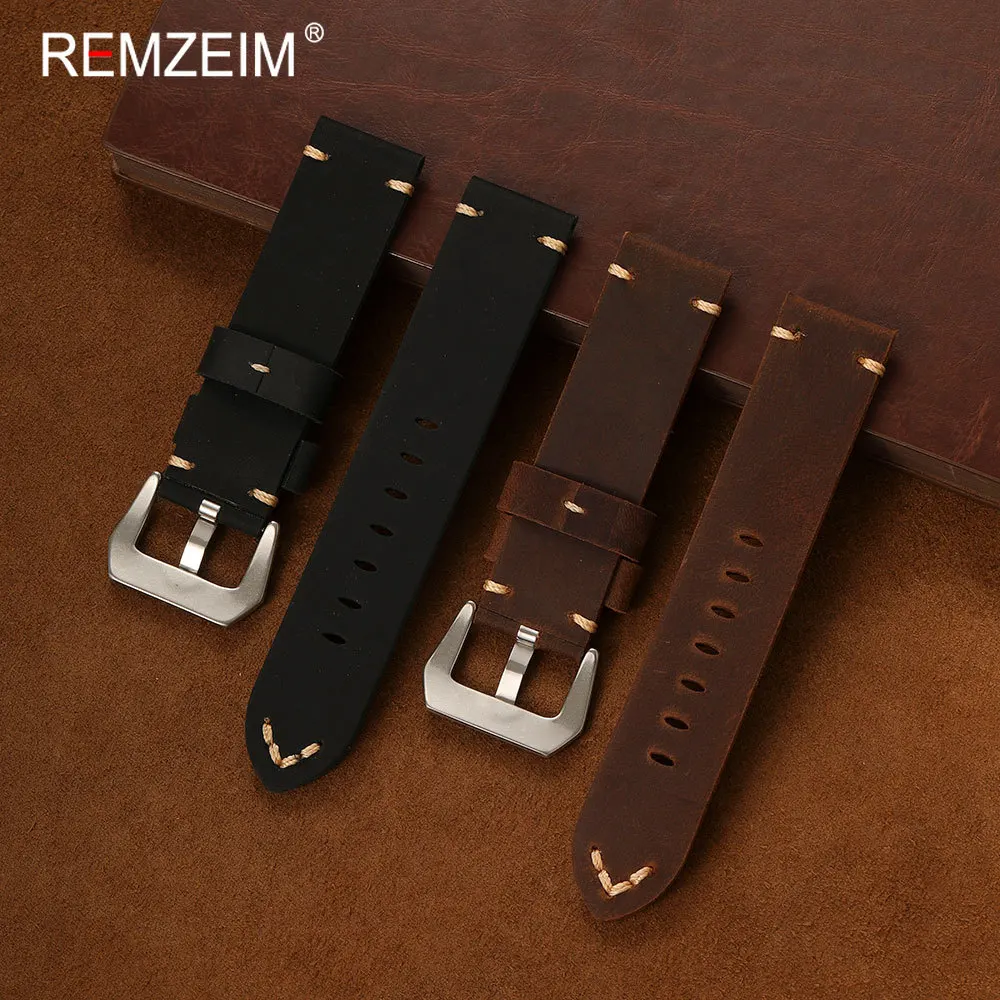 Langlebiges, dickes Echtleder-Uhrenarmband, 20 mm, 22 mm, 24 mm, Herren-Uhrenarmband aus Crazy Horse-Leder, modisches Ersatzarmband, Handgelenkgürtel