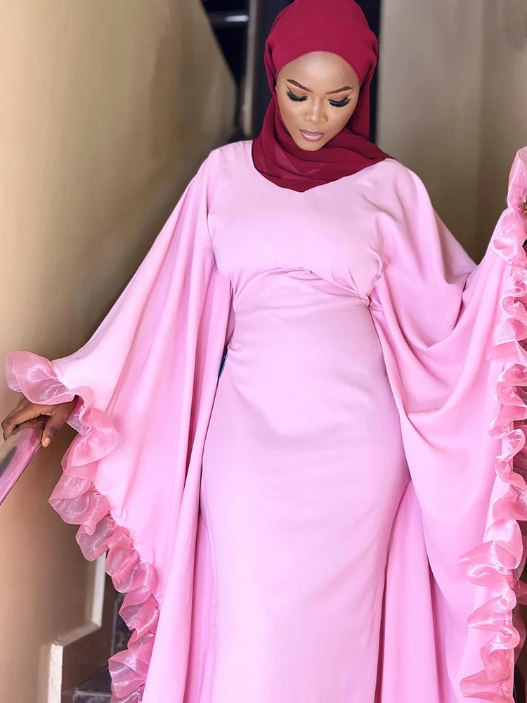 

African Style Pink Synthetic Cotton Long Dress - Muslim Traditional Abaya for Travel, Parties, and Street Fashion