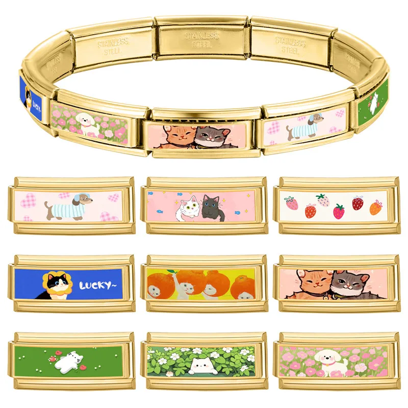 أزياء لطيف القط الكلب الذهب اللون طويل الإيطالية سحر الروابط صالح 9 ملليمتر الفولاذ المقاوم للصدأ سوار المرأة DIY صنع المجوهرات هدية #2