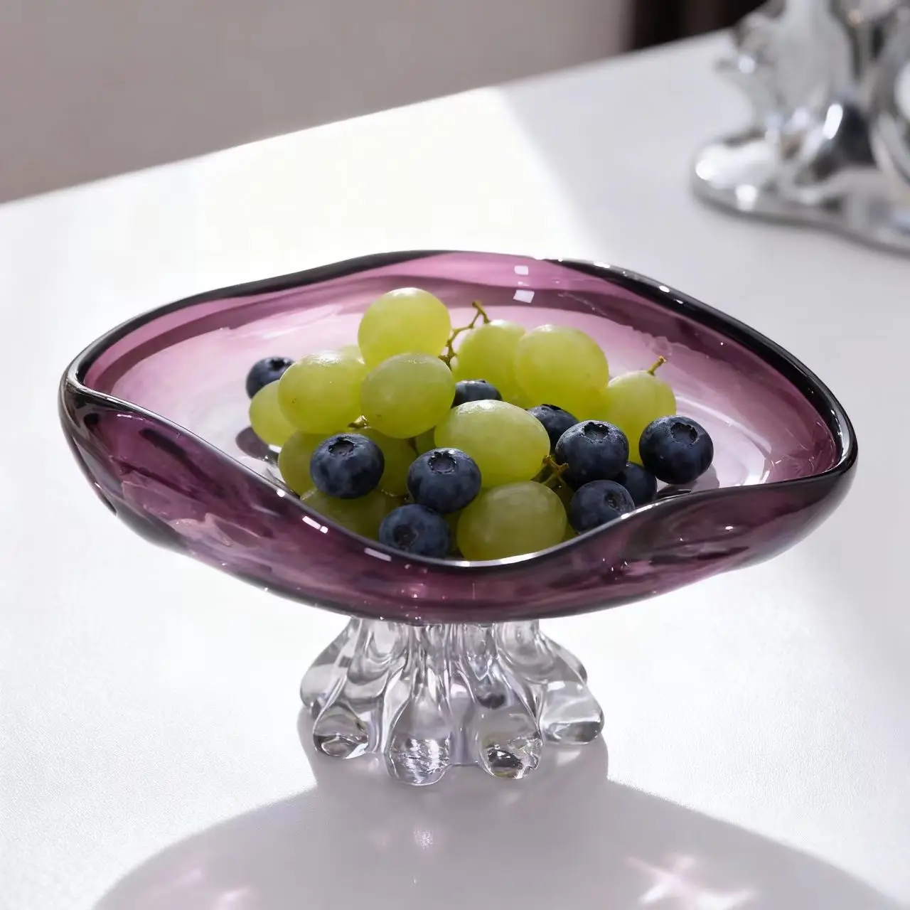 High-end living room fruit plate household light luxury art purple gradual change glazed large high foot niche crystal cross-bor