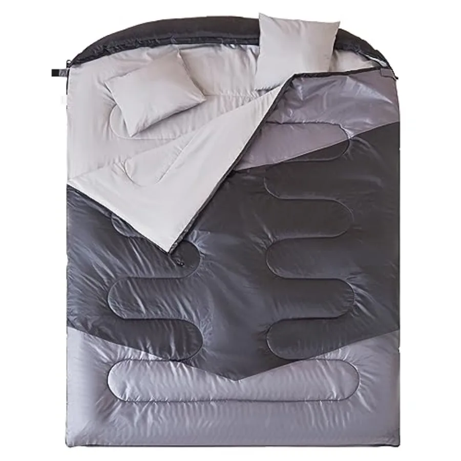 

Двуспальный спальный мешок для взрослых с 2 подушками - водонепроницаемый спальный мешок размера Queen XL для всех сезонов, для кемпинга, походов и пешего туризма