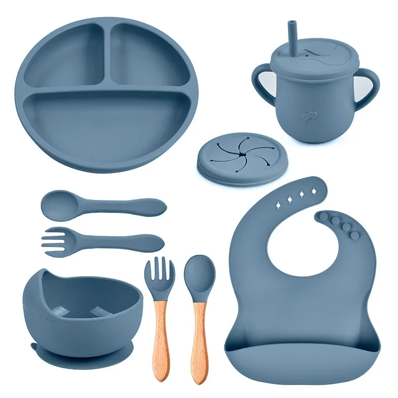 Conjunto de alimentação de silicone para mãe e filhos, babadores, otário, prato, tigela antiderrapante, colher, xícara, louças infantis, coisas do bebê, 8pcs