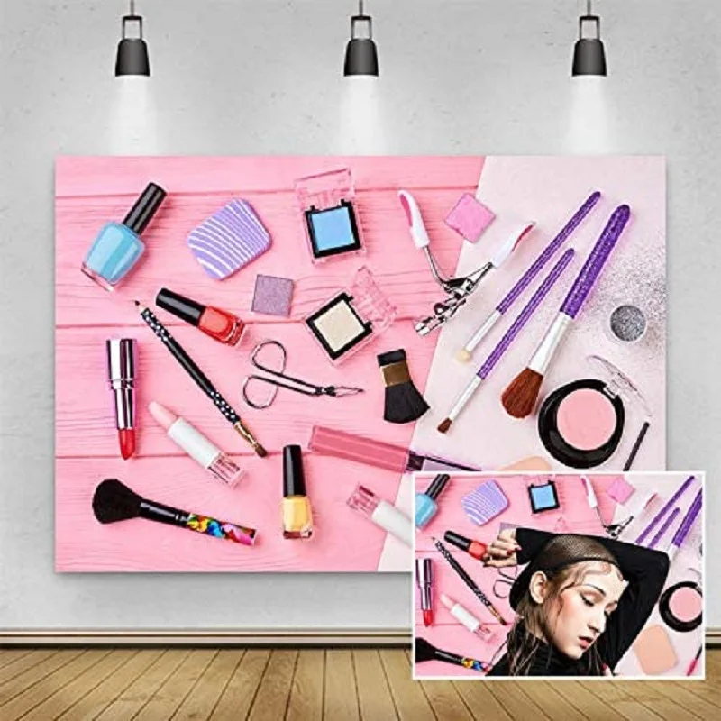 Make Up Photography Backdrop Sweet Pink Tone Cosmetics Frame Eye Shadow Rose Red Blush Brush Lip Sticks Nail Polish Background