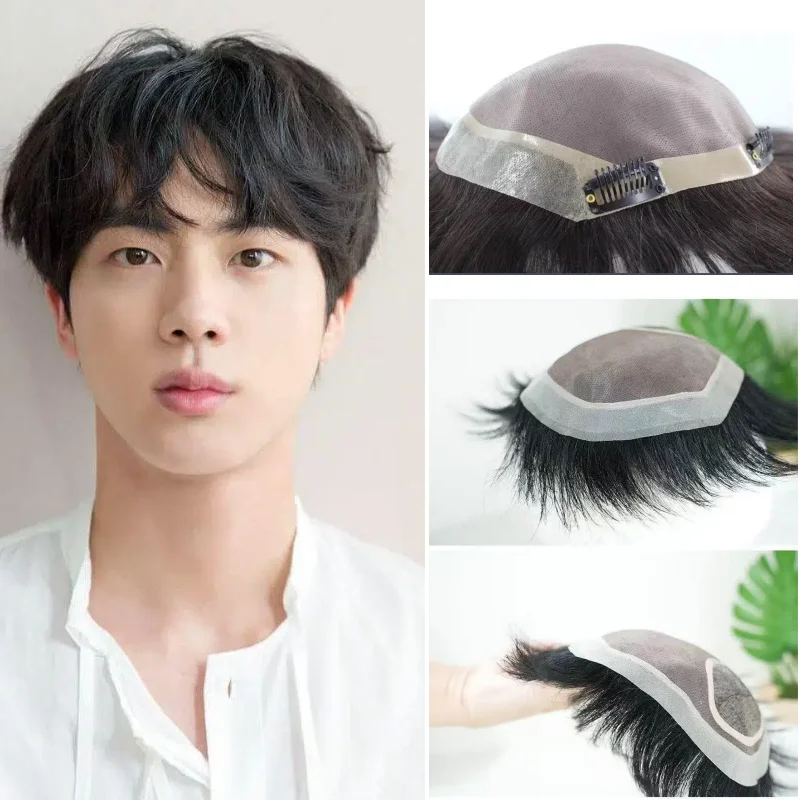 

Men Toupee 100% Human Hair Mono Base 6 Inch Length PU Perimeter Lace Inner With Snap Clips Fully Ventilated Natural