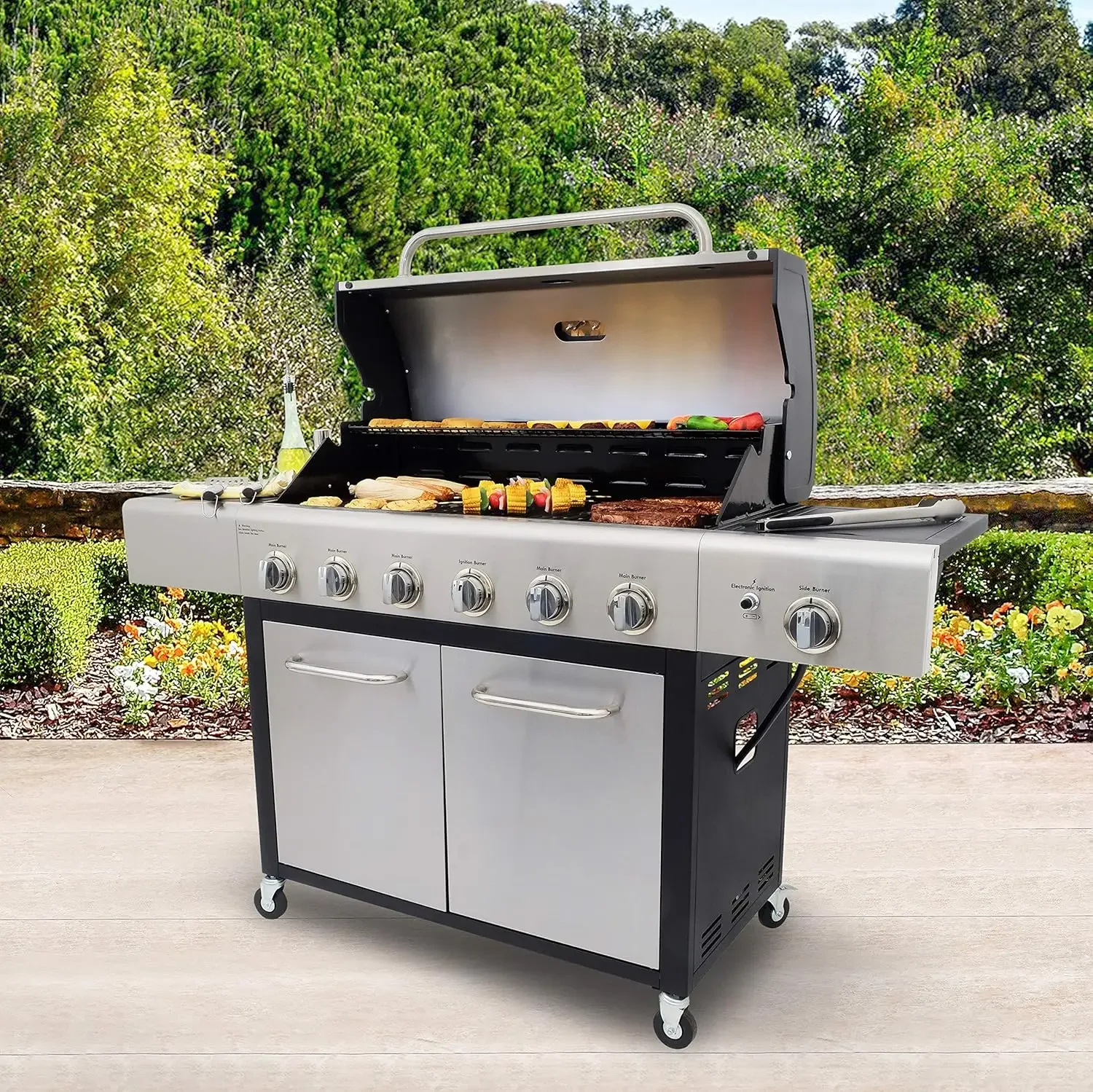 PG-A40611S0L 6 Burner Cabinet Style Propane Gas BBQ Grill with Side Burner, 73000 Total BTU, Stainless Steel