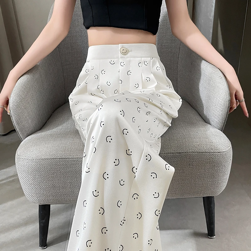 Smiling Face print Pants Pleating Women Elegant Empire Loose Minimalist Pure Korean Style Trouser Ladies Summer Design Basic