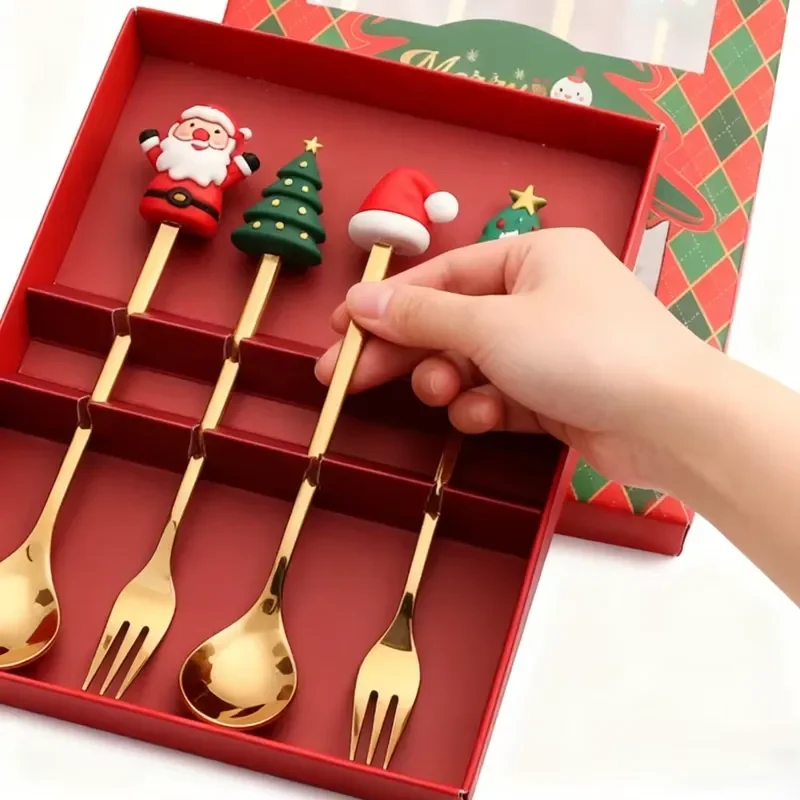 Cute Cartoon Christmas Cutlery Set Stainless Steel Spoon Fork Dessert Tableware Holiday Party Gift Box Xmas Dinner Decoration
