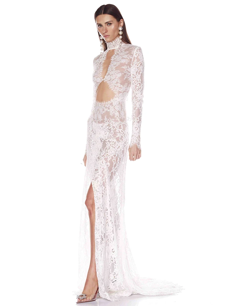 Abito lungo da donna con taglio maxi in pizzo Abito da mattina da sposa sottile con spacco alto sexy senza schienale e maniche lunghe con scollo a V profondo