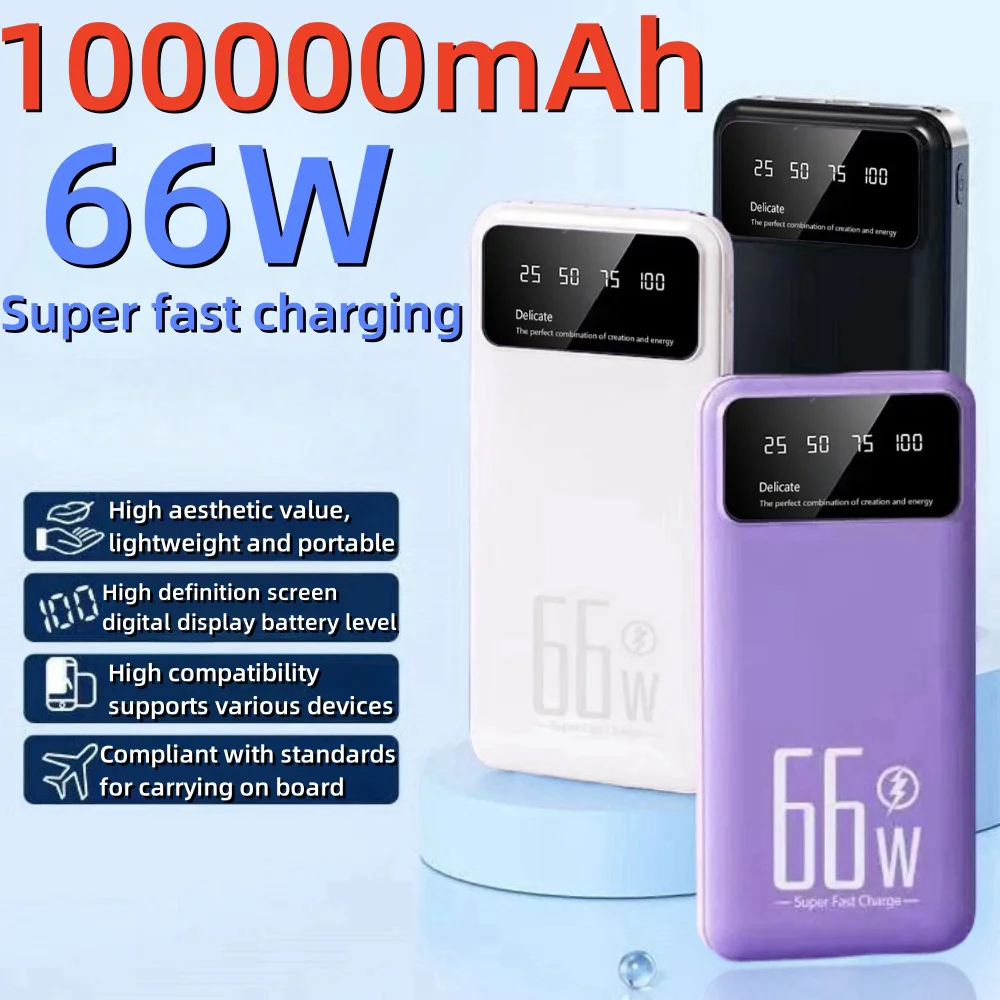 100000mAh Power Bank 66W Portable External Battery Charger Ultra Fast Charging Large Capacity for Huawei Samsung iPhone Xiaomi