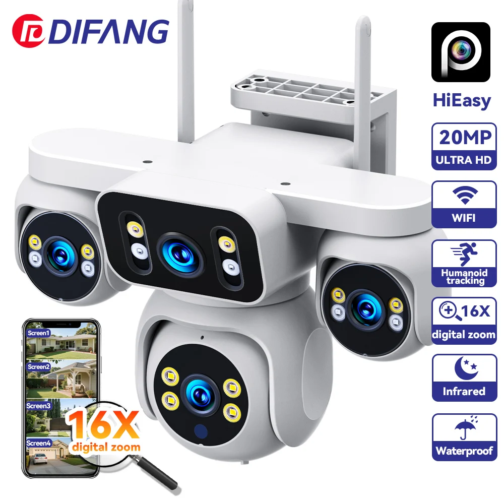 

DIFANG 20MP CCTV 4 Lens 4 Screen WiFi 360° IP Camera 16X Zoom Auto Track Home Security Cam Waterproof Surveillance Outdoor 10K