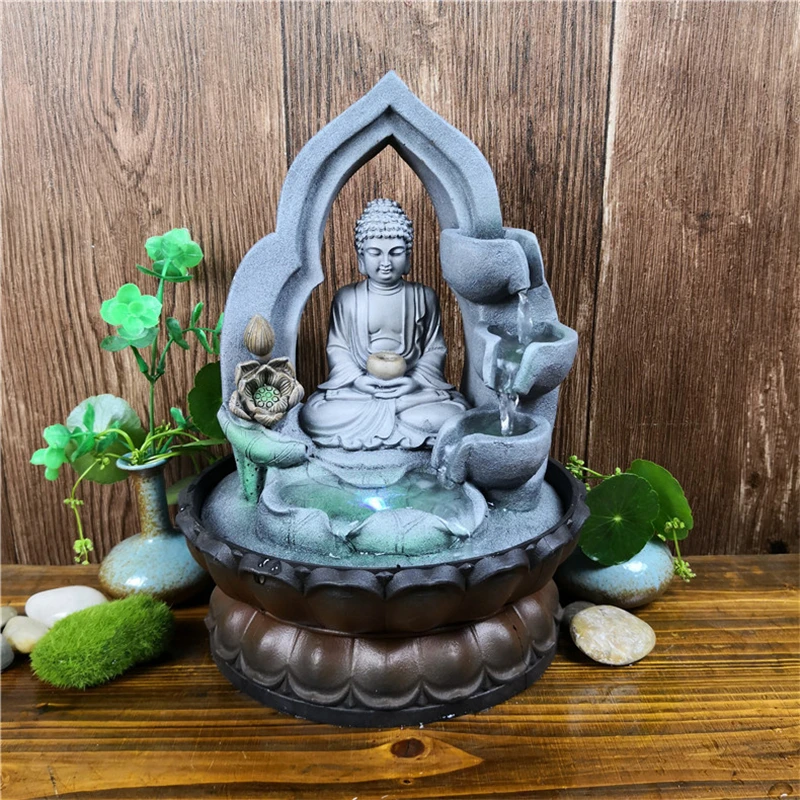Indoor Air Humidifie Waterfall Fountain Office Tabletop Relaxation View With LED Light Lucky Feng Shui Buddha Statue