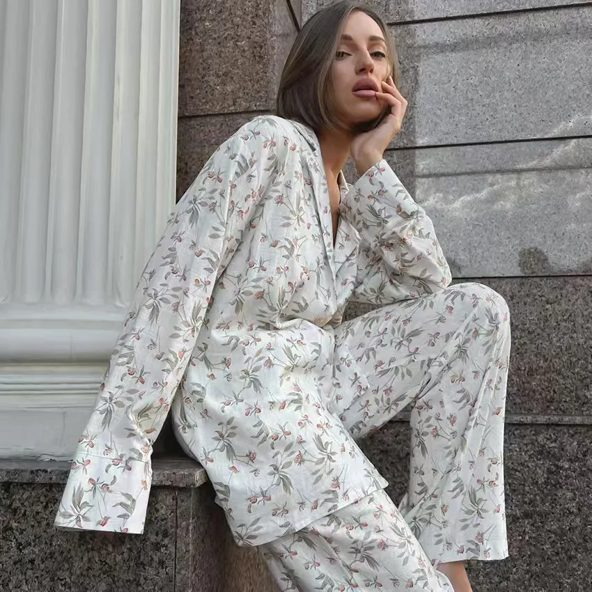 

Floral Print irt And Pants Set Long Sve Turn-down Collar Casual Wear for Young Women Spring Summer Home Clothes Set