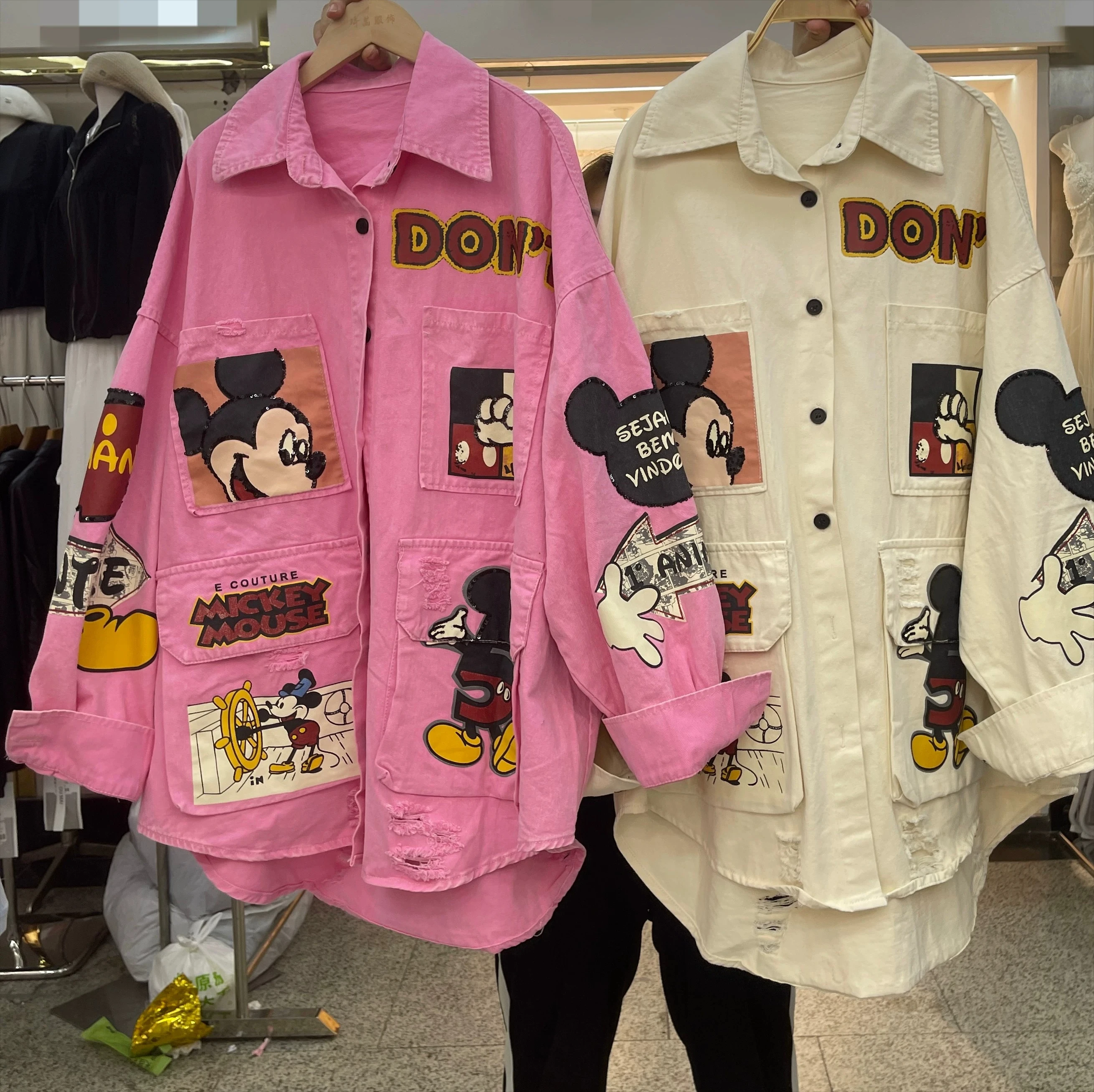 Retro Denim Shirt 2026 New Women's Oversized Denim Shirt Jacket Graffiti Print Cartoon Top Tide Y2k Clothes