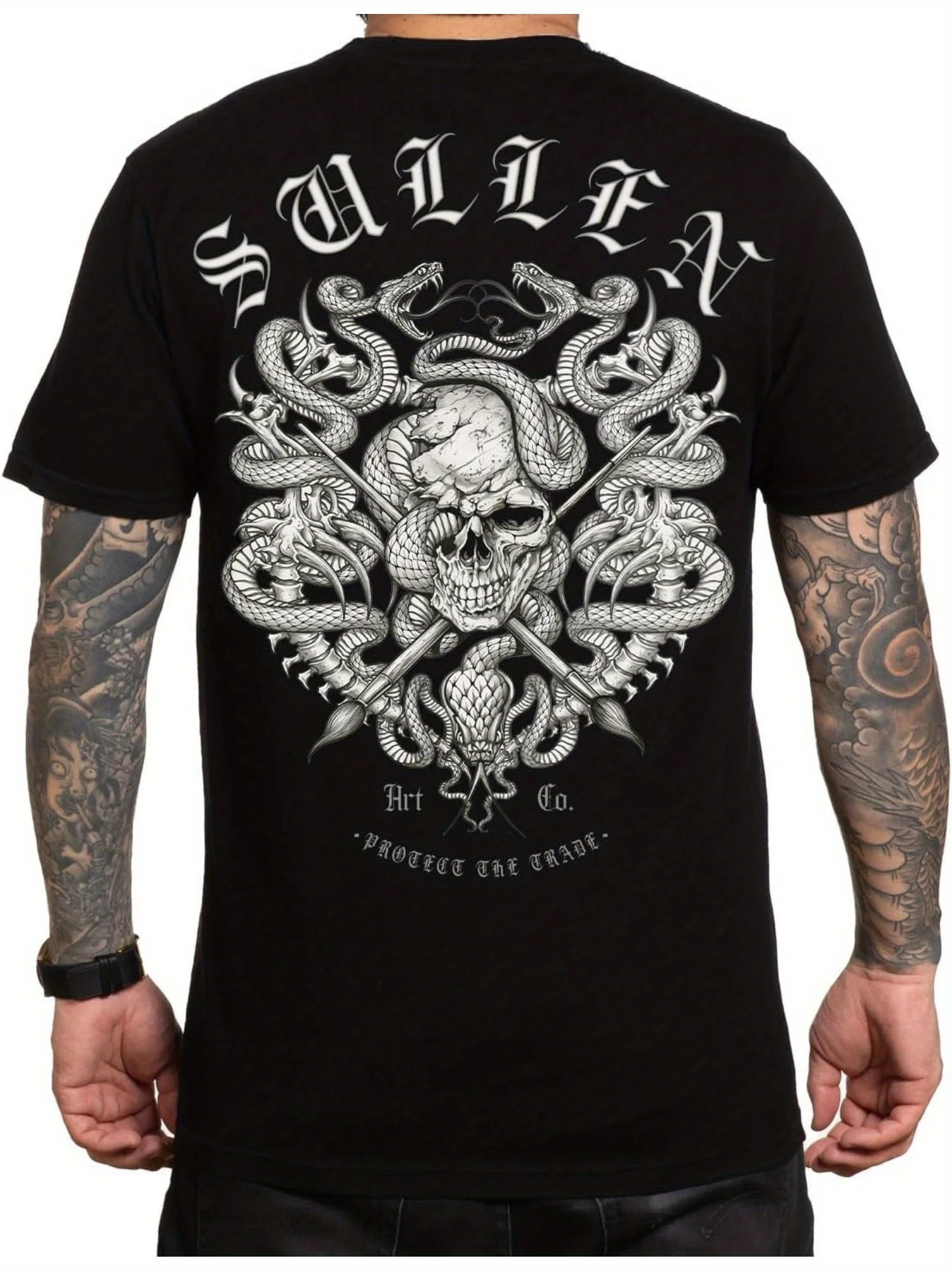 Sullen Men's Skull Serpent Tattoo Graphic Tee SUFFERING IS REAL Streetwear Short Sleeve Shirt 100% Cotton Regular Fit