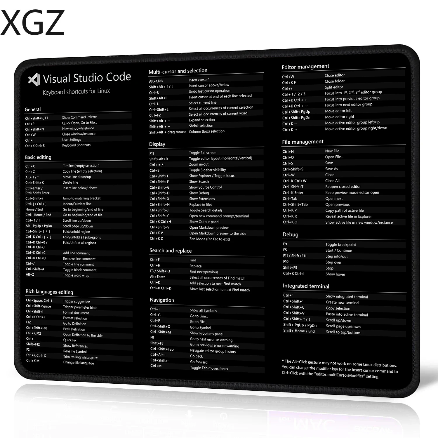 New 29X25cm/40X45cm Visual Studio Linux shortcut mouse pad, anti-slip, edge-locking, waterproof, suitable for offices and homes