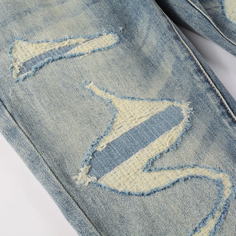 Men Ripped Distressed Jeans Streetwear Skinny Tapered Stretch Denim Pants Holes Patchwork Trousers