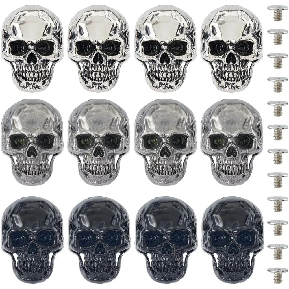 

12Sets 3Colors Alloy Skull Stud Rivet Skull Conchos Screw Back Leather Crafting Skull for Punk Style Clothing Accessories DIY