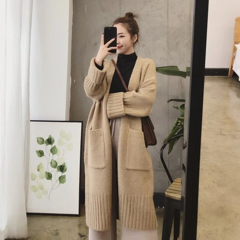 Koreanische Frühling Herbst 2025, lockere mittlere Länge, solide Strickjacke mit Taschen, entspannt, trendig, vielseitig, Basic-Stil