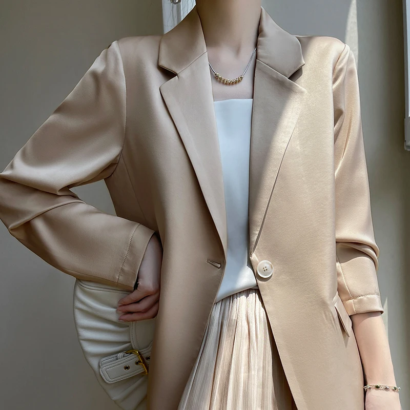 Spring And Autumn New Women\'s Fashion French Suit Solid Color Lapel Acetate Fabric Elegant Temperament Casual Commuter Jacket