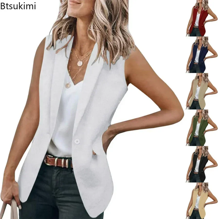 2025 chaqueta de oficina de verano para mujer, chaleco liso sin mangas, chaqueta de traje para mujer, cárdigan holgado con cuello, chaleco con un solo botón para mujer