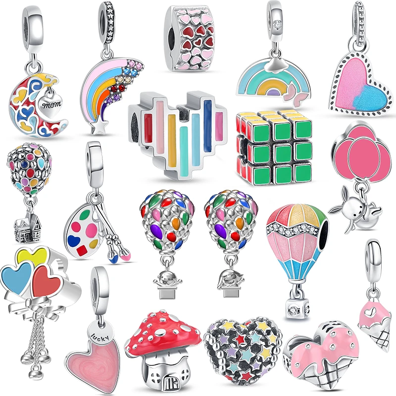 

Color 925 Sterling Silver Rainbow Hot Air Balloon Ice Cream Charms Beads Fit Original Pandora Bracelets DIY Jewelry For Women