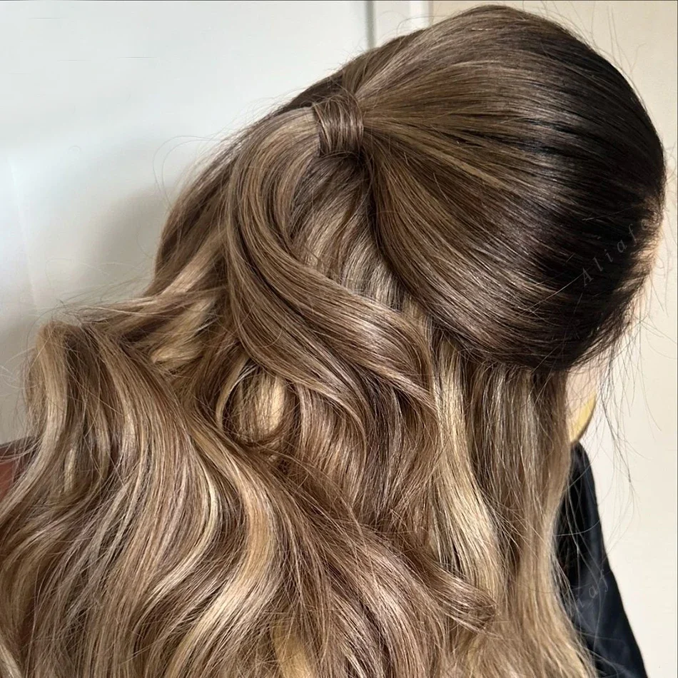 

Мягкая блондинка с эффектом омбре, длинная объемная волна, 26 дюймов, бесклеевая, 5x5, шелковая основа, еврейский парик из человеческих волос, детские волосы HD, кружевные европейские волосы, предварительно выщипанные