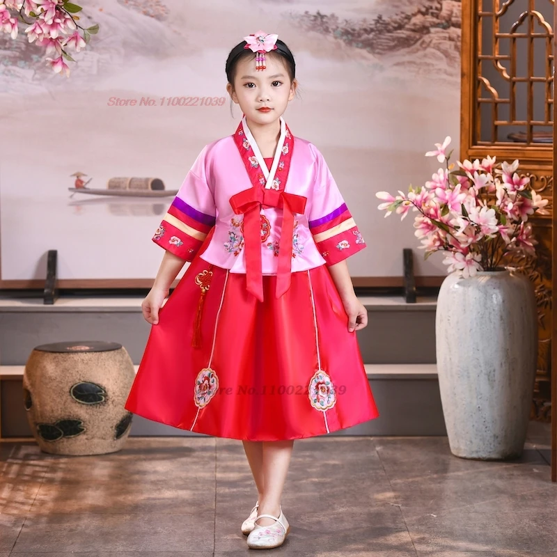 

2025 korean children folk dance dress hanbok national flower embroidery vintage tops+skirt stage performance wear dance costume