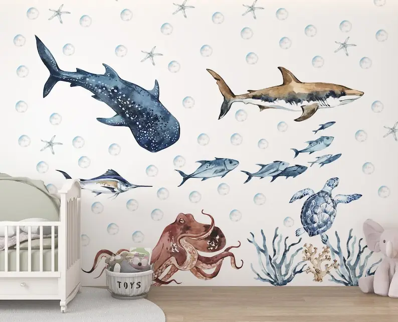 Ocean Animals Wall Decal for Kids and Nursery, sea animals wall sticker, Sticker Set Shark, sea Turtle, Watercolor Peel and stic