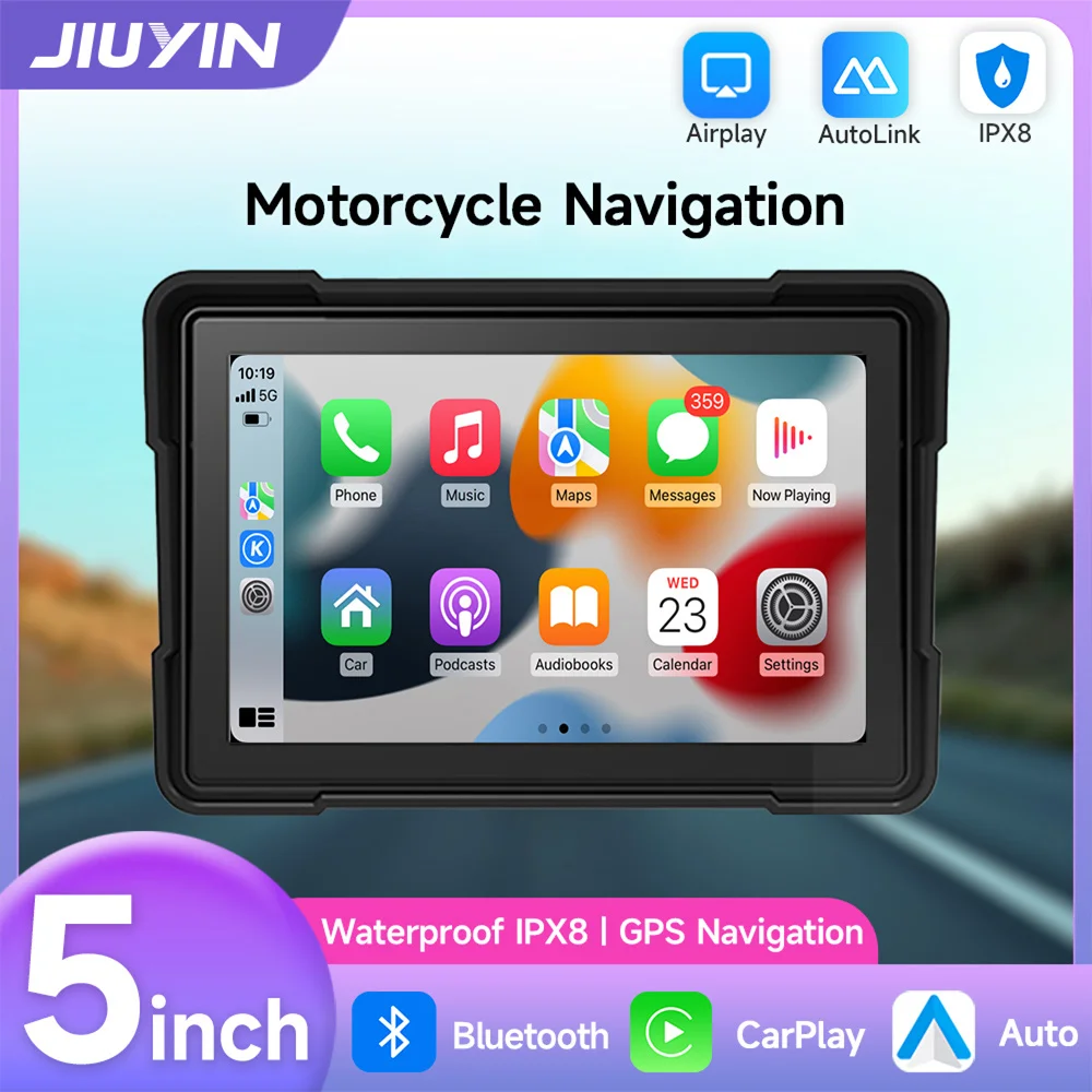 

5 Inch Portable Motorcycle GPS Navigation - Wireless Carplay & Android Auto, Bluetooth, IPX7 Waterproof Monitor