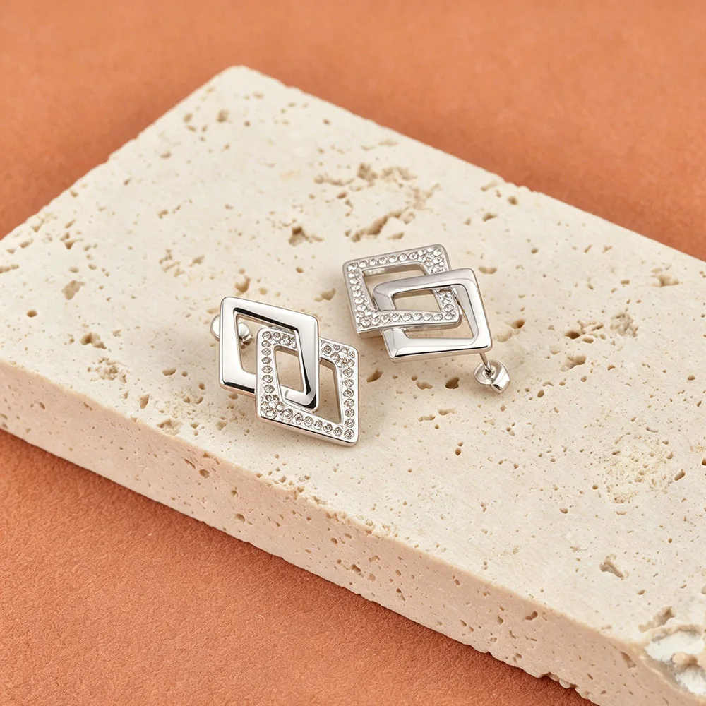 JeeMango Geometrische Doppel-Rhombus-Zirkon-Ohrringe für Damen, Edelstahl, goldfarben, Kristall-Ohrring, Modeschmuck, E26089 – Detail 5