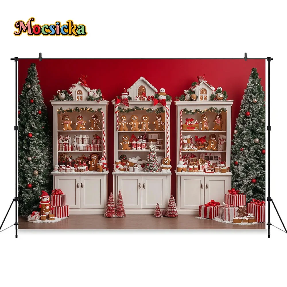 Red Christmas Kitchen Background Photography Santa Candy Bar Cabinet Gingerbread Man Cookies Xmas Tree Backdrop Kids Photo Decor