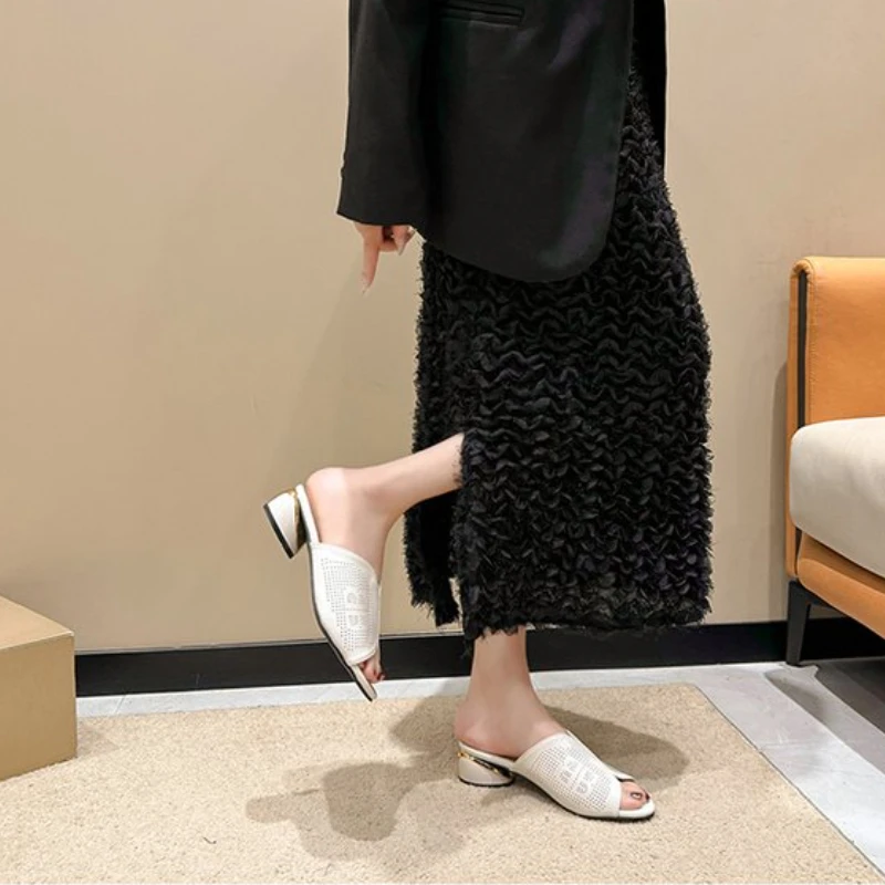 Soft leather comfortable slippers silver thick heels female high-heeled sandals 2024 summer half slippers casual shoes 35-43