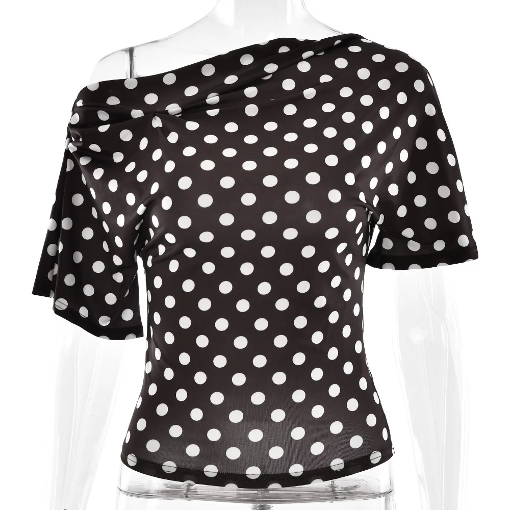 2025 Zomer Nieuwe Polka Dot Asymmetrische Schouder Hot Girl Top Sexy Taille-Knijpen Korte Mouw Onregelmatige T-Shirt