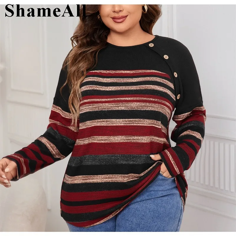 Plus Size Fall Women Clothes Round Neck Casual Long Sleeve T Shirt Fall Women Clothes Striped Simple Casual Blouse