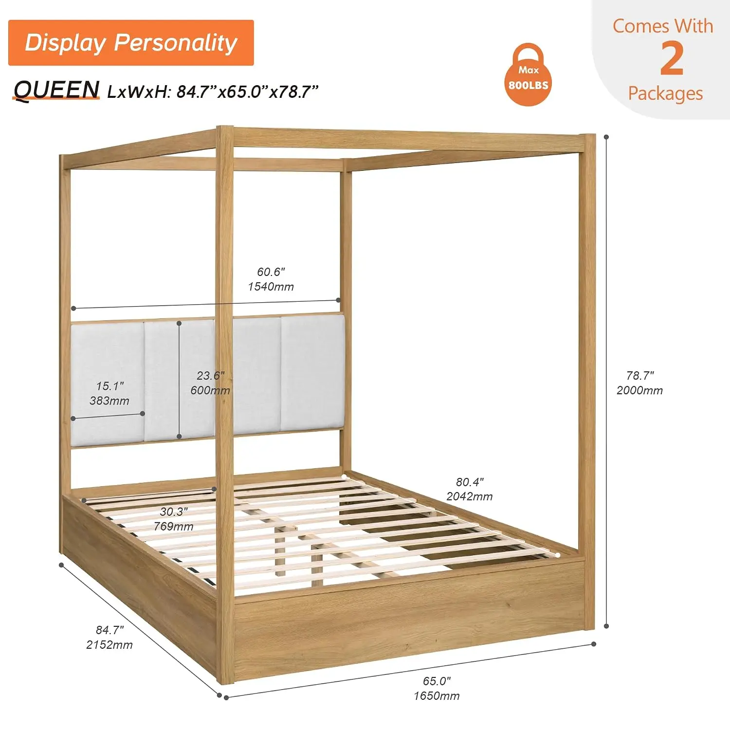 Oak Wood Canopy Bed Frame Queen Size w/Solid Wood Posts, Customized