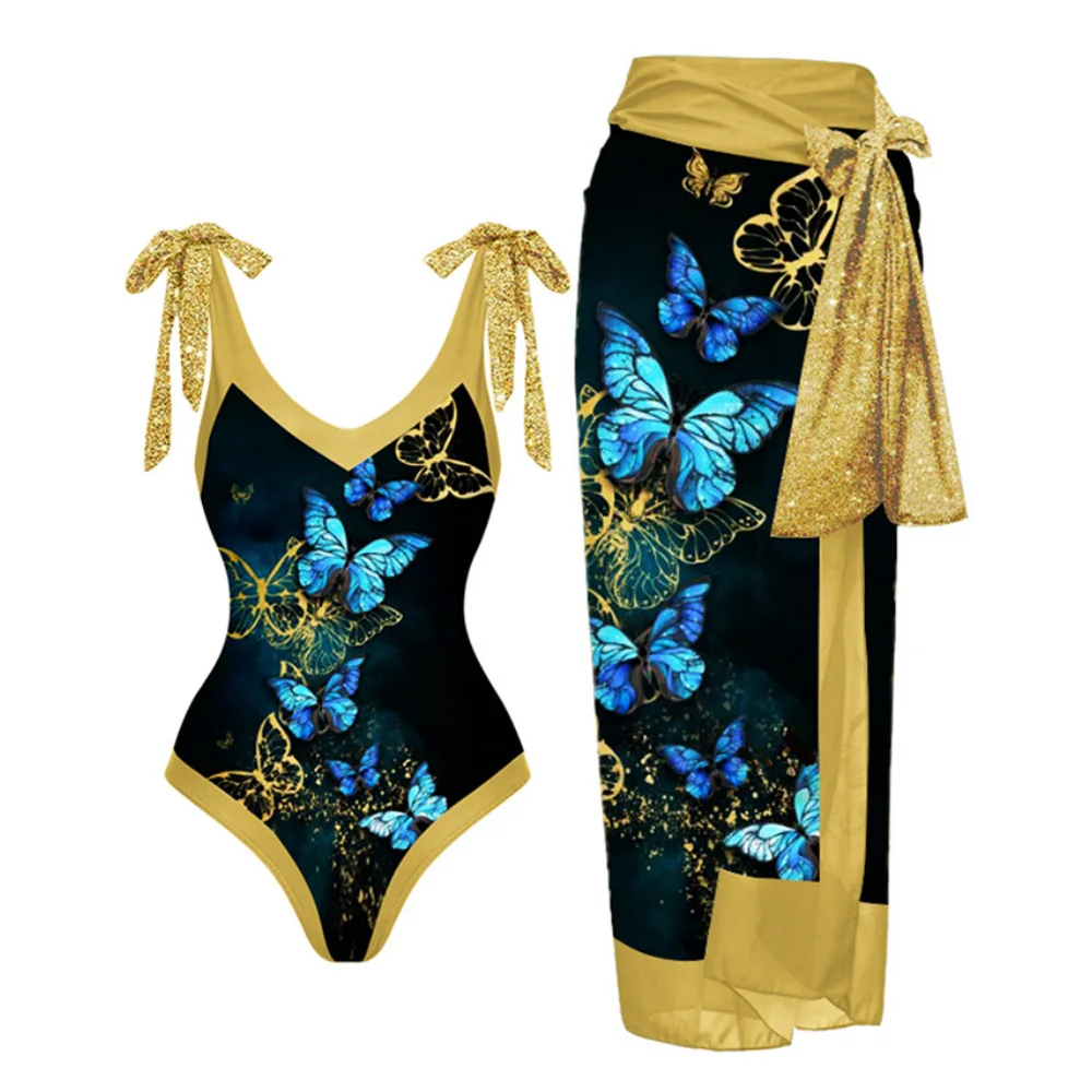 Colorful Printed One-Piece Swimsuit with Skirt High-Waisted Anti-Exposure Design Women's Beachwear Elegant Cover-Up