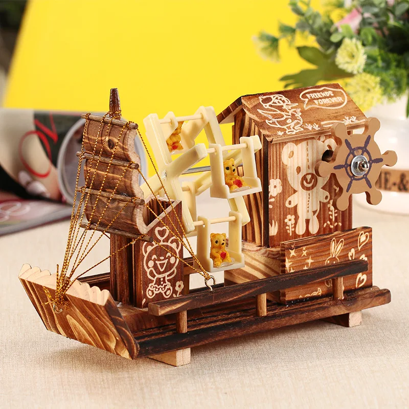

Wooden house windmill sailing boat rotating music box, creative wooden pen holder student birthday gift