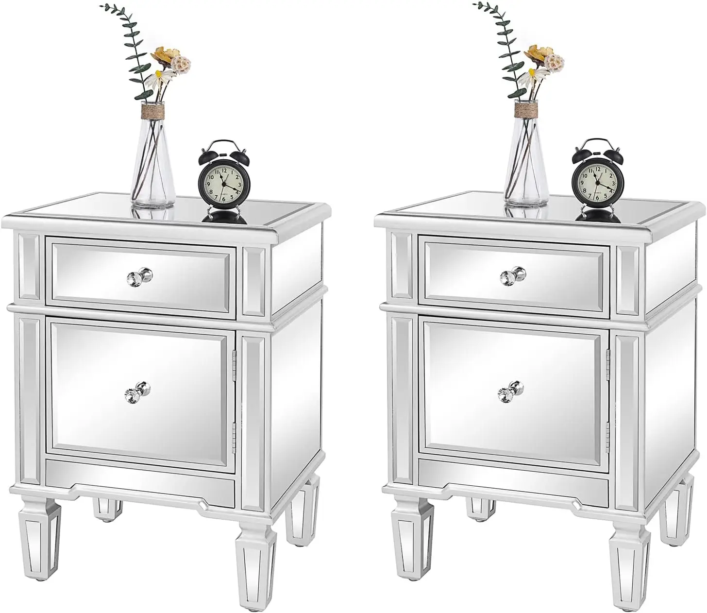 Nightstands Set of 2 Mirrored Side Tables Glass End Table with Drawer for Bedroom, Silver