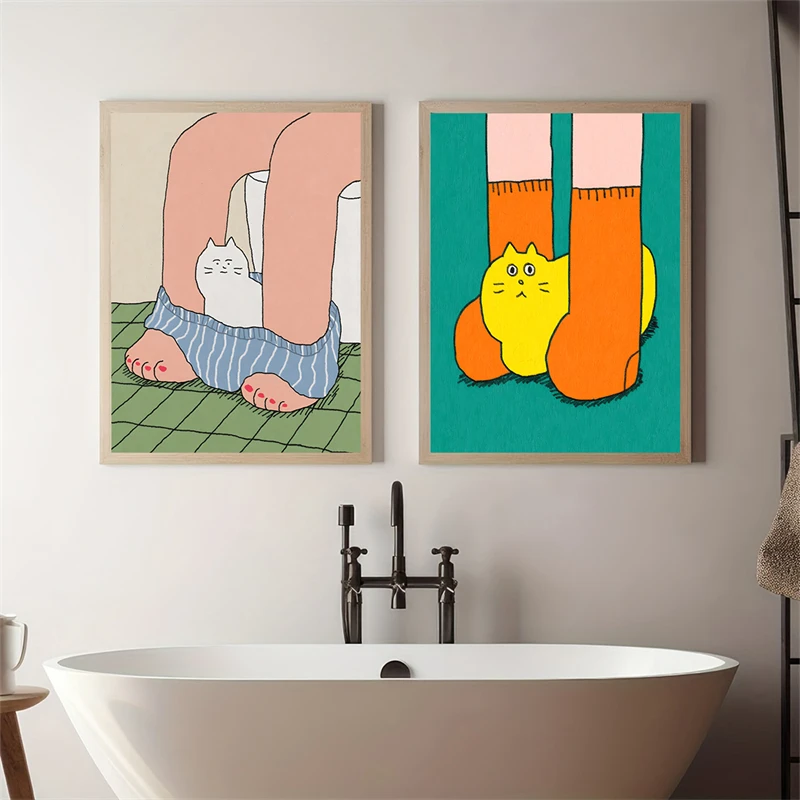 Creative Fun Bathroom Poster Minimalist Cartoon Cat Art Prints Restroom Ins Style Wall Art Picture Canvas Painting Home Decor