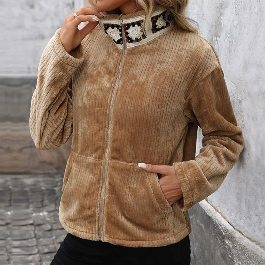 

Women's Ethnic Style Embroidered Jacket Warm Plush Stand-Up Collar Autumn Winter Fashion Versatile Outerwear