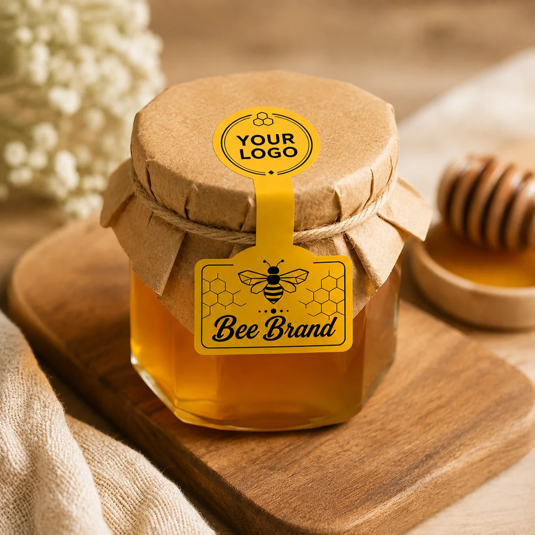 Custom honey jar sealing stickers 14x6CM can be printed with your logo, DIY handmade jam cake sealing stickers, support custom size and content, gift packaging |   Customizable labels |   Durable waterproof stickers, fun and original personalized bee label design