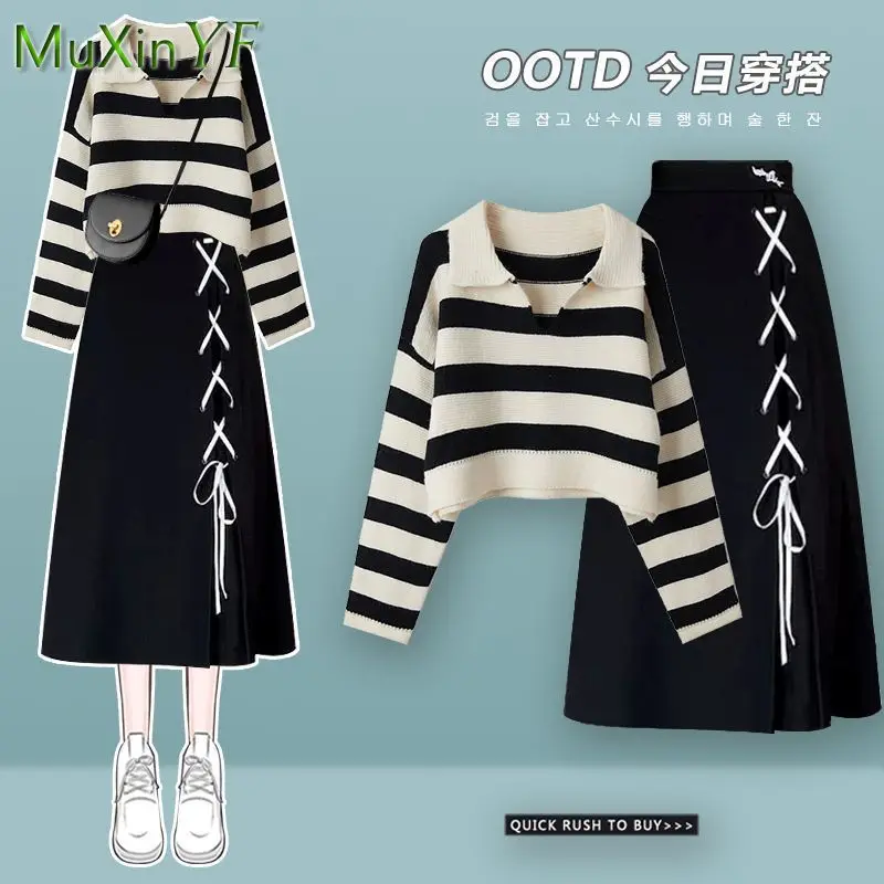 Fall Suit Women 2022 New Striped Knit Sweater Top + Versatile Midi Skirt Two Piece Korean Elegant Casual Pullover Dress Set