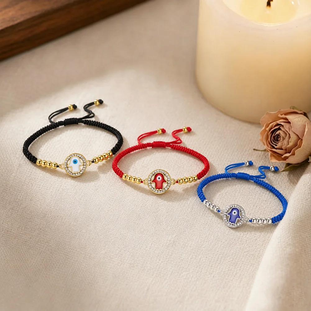 Hamsa Hand Evil Eye Pendant Bracelet Rhinestone Enamel Hamsa Palm Charm Adjustable Bracelet Lucky Protection Amulet Jewelry