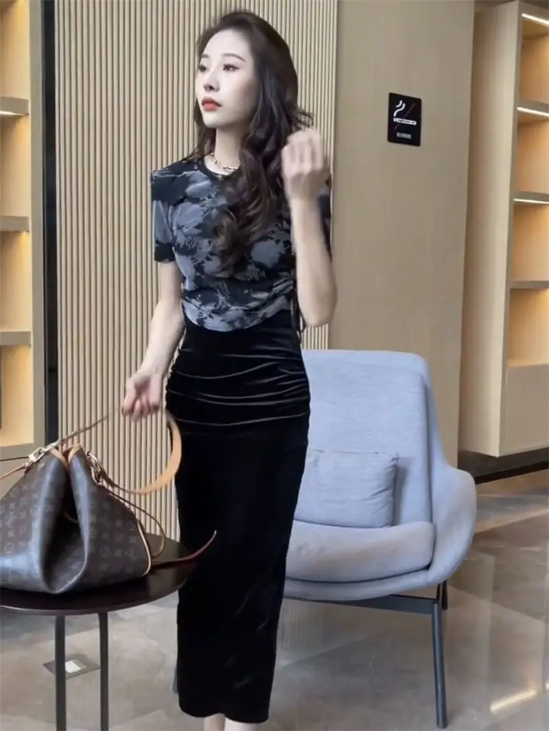 Side Drawstring Pleated Base 2025 Summer New Slim Fit Round Neck Short Sleeve T-shirt for Women