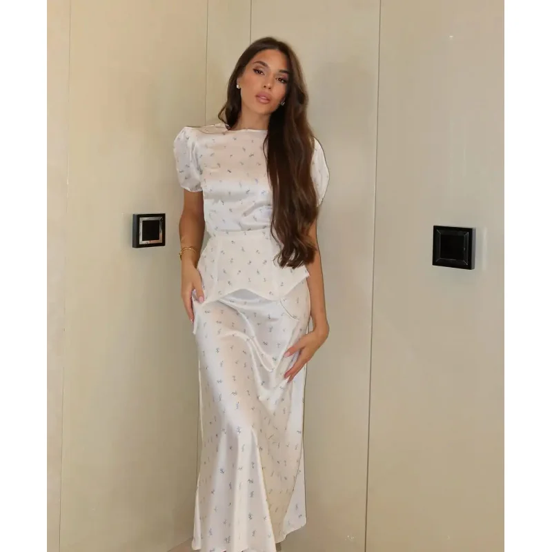 Elegant Satin Print Shirt Skirt Set Women Puff Short Sleeve Lace Up Irregular Top Maxi Skirt Chic 2026 Lady Party Vacation Suits